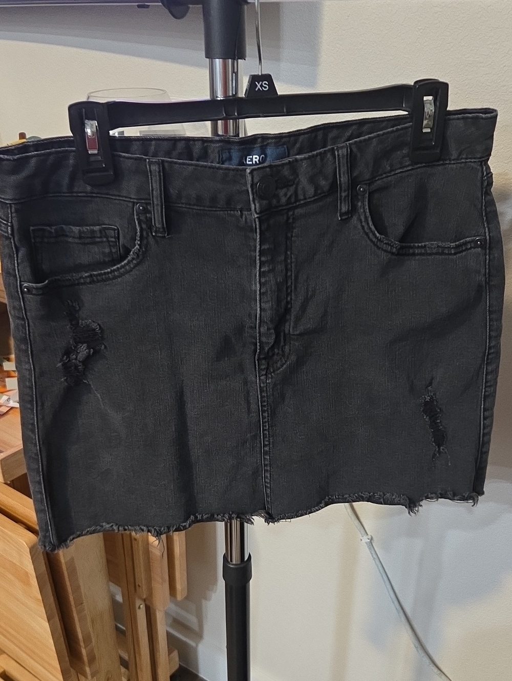 AERO Black Distressed Denim Mini Skirt